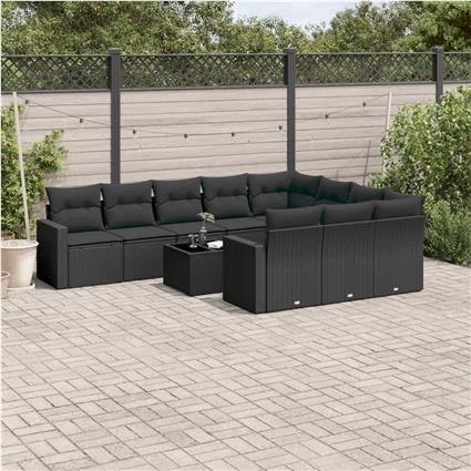 vidaXL 11 pcs conjunto sofás de jardim c/ almofadões vime PE preto