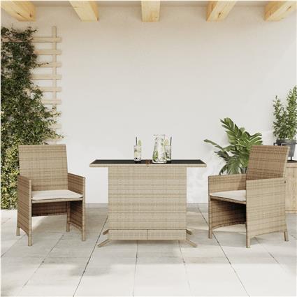 vidaXL 3 pcs conjunto bistrô com almofadões vime PE bege