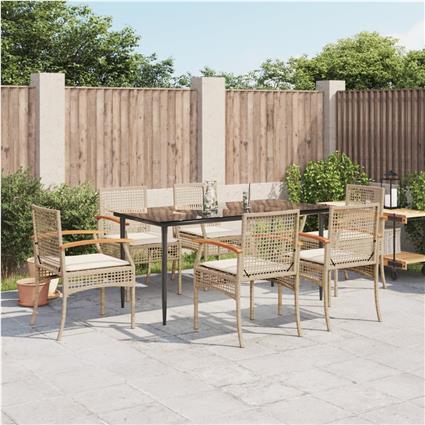 vidaXL 7 pcs conjunto de jantar p/ jardim com almofadões vime PE bege