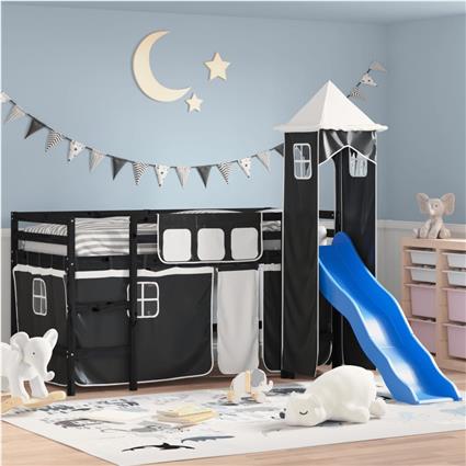 vidaXL Cama alta criança c/ torre 90x190 cm pinho maciço branco/preto