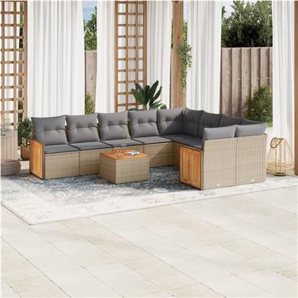 vidaXL 10 pcs conjunto de sofás p/ jardim com almofadões vime PE bege