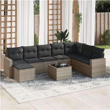vidaXL 9 pcs conjunto sofás p/ jardim com almofadões vime PE cinzento