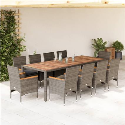 vidaXL 11pcs conjunto jantar jardim c/ almofadões vime PE/acácia cinza
