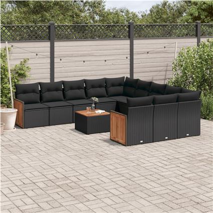 vidaXL 12 pcs conjunto de sofás de jardim c/ almofadões vime PE preto