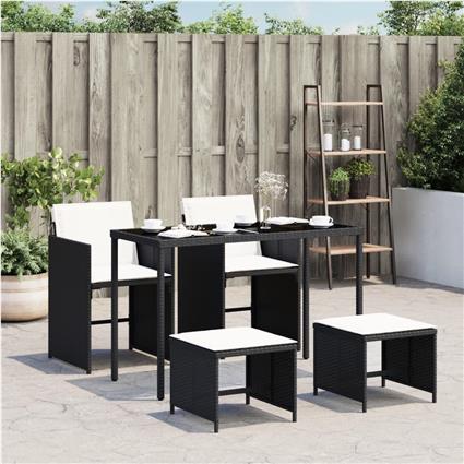 vidaXL 5 pcs conjunto de jantar p/ jardim c/ almofadões vime PE preto