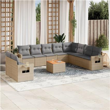 vidaXL 11 pcs conj. sofás jardim c/ almofadões vime PE bege misturado