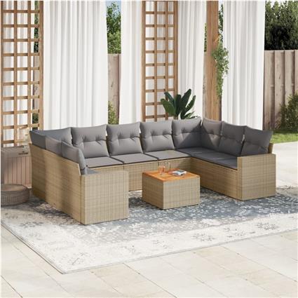 vidaXL 10 pcs conj. sofás jardim c/ almofadões vime PE bege misturado