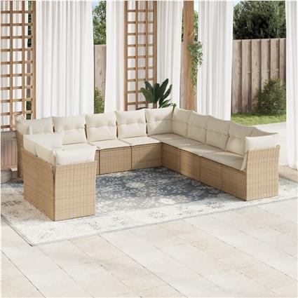 vidaXL 11 pcs conjunto sofás de jardim c/ almofadões vime PE bege