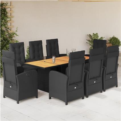 vidaXL 9 pcs conjunto de jantar p/ jardim c/ almofadões vime PE preto