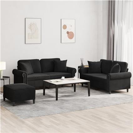 vidaXL 3 pcs conjunto de sofás com almofadas veludo preto