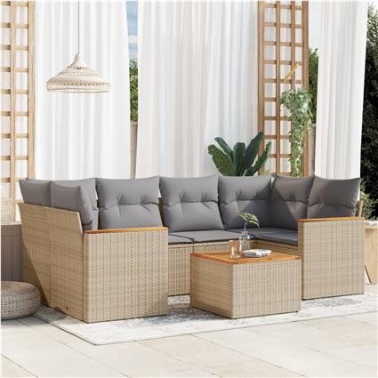 vidaXL 7 pcs conjunto de sofás p/ jardim com almofadões vime PE bege
