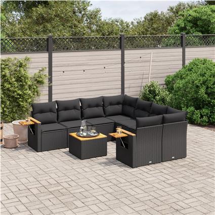 vidaXL 9 pcs conjunto de sofás p/ jardim c/ almofadões vime PE preto