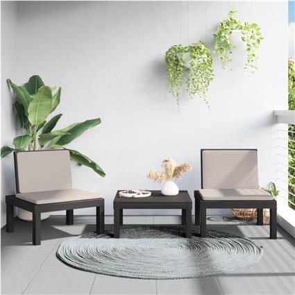 vidaXL 3 pcs conjunto lounge de jardim com almofadões PP antracite