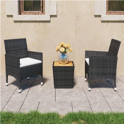 vidaXL 3 pcs conjunto bistrô jardim vime PE e madeira maciça preto