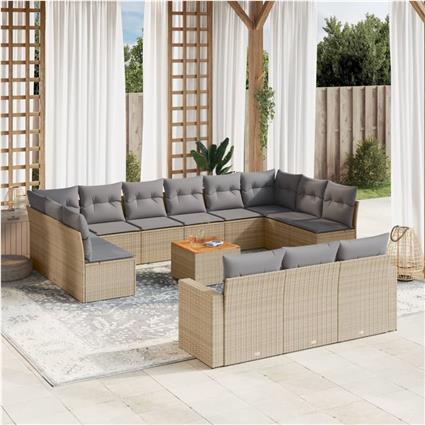 vidaXL 14 pcs conj. sofás jardim c/ almofadões vime PE bege misturado