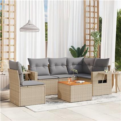 vidaXL 6 pcs conj. sofás jardim c/ almofadões vime PE bege misturado