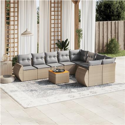 vidaXL 10 pcs conjunto de sofás p/ jardim com almofadões vime PE bege