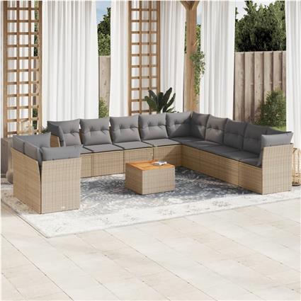 vidaXL 12 pcs conj. sofás jardim c/ almofadões vime PE bege misturado