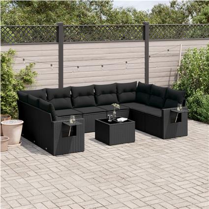 vidaXL 10 pcs conjunto sofás de jardim c/ almofadões vime PE preto