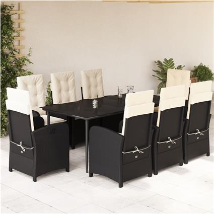 vidaXL 9 pcs conjunto de jantar p/ jardim c/ almofadões vime PE preto
