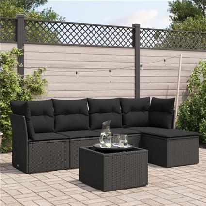 vidaXL 6 pcs conjunto sofás de jardim c/ almofadões vime PE preto