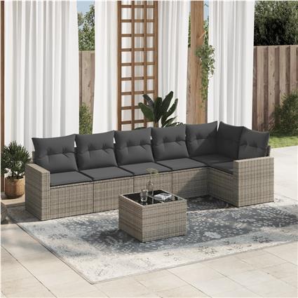 vidaXL 7 pcs conjunto sofás p/ jardim c/ almofadões vime PE cinzento