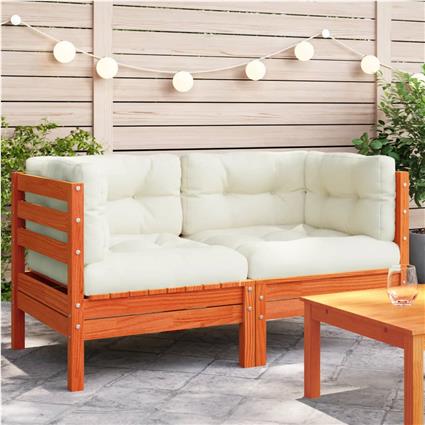 vidaXL Sofás canto jardim c/ almofadões 2pcs pinho maciço castanho-mel