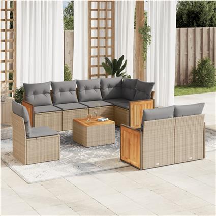 vidaXL 9 pcs conjunto de sofás p/ jardim com almofadões vime PE bege