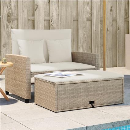 vidaXL Sofá de jardim de 2 lugares com almofadões vime PE bege