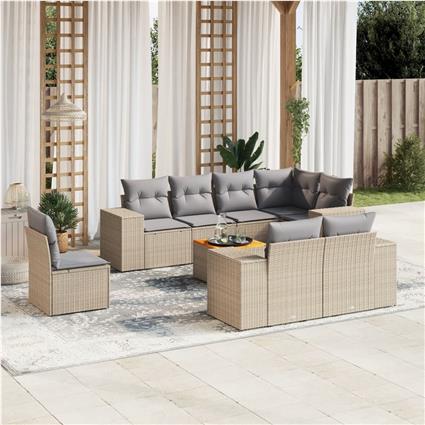 vidaXL 9 pcs conjunto de sofás p/ jardim com almofadões vime PE bege