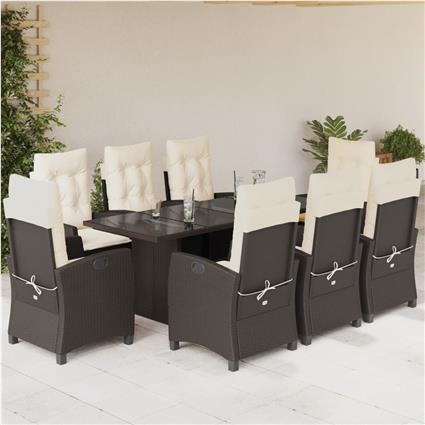vidaXL 9 pcs conjunto jantar p/ jardim c/ almofadões vime PE castanho
