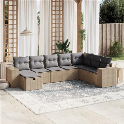 vidaXL 8 pcs conj. sofás jardim c/ almofadões vime PE bege misturado