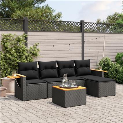 vidaXL 6 pcs conjunto sofás de jardim c/ almofadões vime PE preto