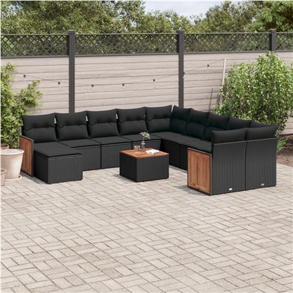 vidaXL 12 pcs conjunto de sofás de jardim c/ almofadões vime PE preto