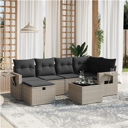 vidaXL 7 pcs conjunto sofás p/ jardim c/ almofadões vime PE cinzento