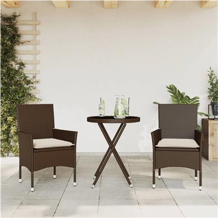vidaXL 3 pcs conjunto de bistrô com almofadões vime PE/vidro castanho