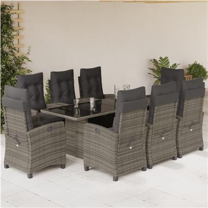 vidaXL 9 pcs conjunto de jantar p/ jardim c/ almofadões vime PE cinza