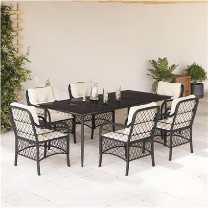 vidaXL 7 pcs conjunto de jantar p/ jardim c/ almofadões vime PE preto