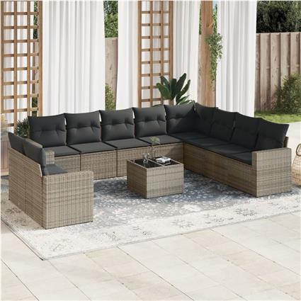 vidaXL 11 pcs conjunto sofás de jardim c/ almofadões vime PE cinzento