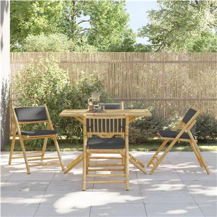 vidaXL 5 pcs conjunto bistrô dobrável c/ almofadões cinza escuro bambu