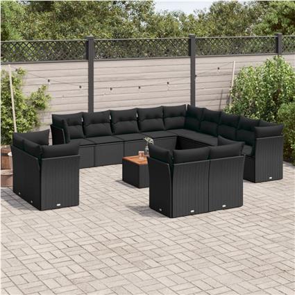 vidaXL 14 pcs conjunto de sofás p/ jardim c/ almofadões vime PE preto