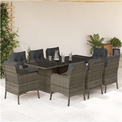 vidaXL 9 pcs conjunto de jantar p/ jardim c/ almofadões vime PE cinza