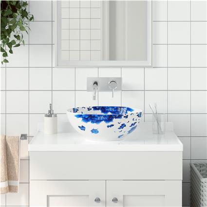 vidaXL Lavatório de bancada redondo F41x14 cm cerâmica branco e azul