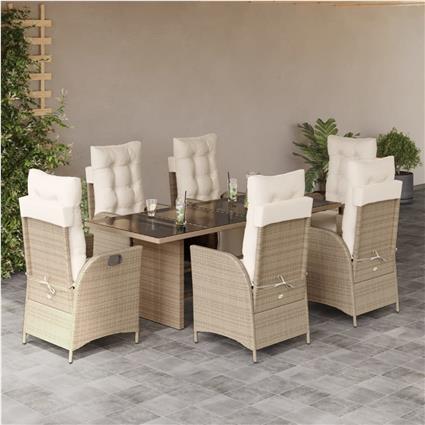 vidaXL 7 pcs conjunto de jantar p/ jardim com almofadões vime PE bege