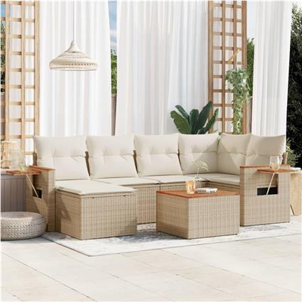vidaXL 7 pcs conjunto de sofás p/ jardim com almofadões vime PE bege