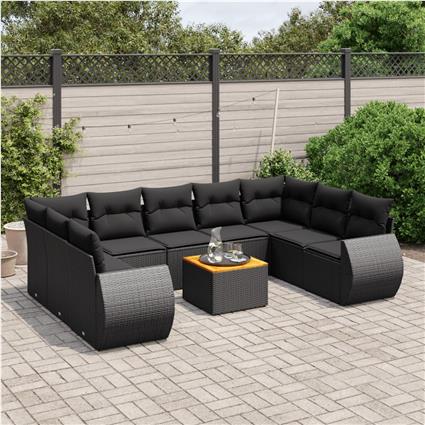 vidaXL 10 pcs conjunto sofás de jardim c/ almofadões vime PE preto