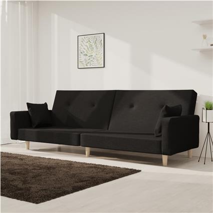 vidaXL Sofá-cama 2 lugares com duas almofadas tecido preto