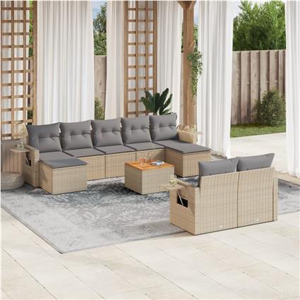 vidaXL 10 pcs conj. sofás jardim c/ almofadões vime PE bege misturado