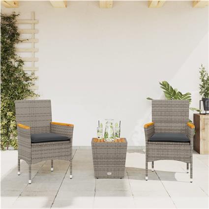 vidaXL 3 pcs conjunto de bistrô com almofadões vime PE/vidro cinza