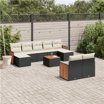 vidaXL 10 pcs conjunto sofás de jardim c/ almofadões vime PE preto